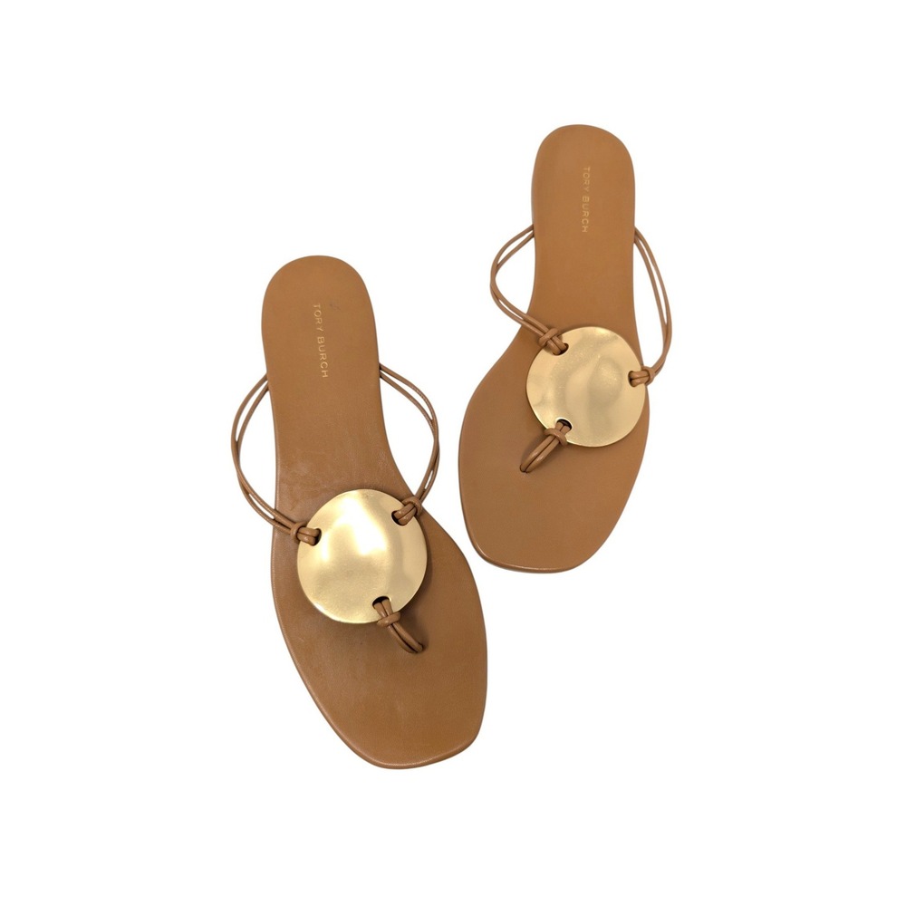 Tory Burch Patos Caramel Leather Gold Disc Thong Sandals Size 9M - Picture 7 of 7